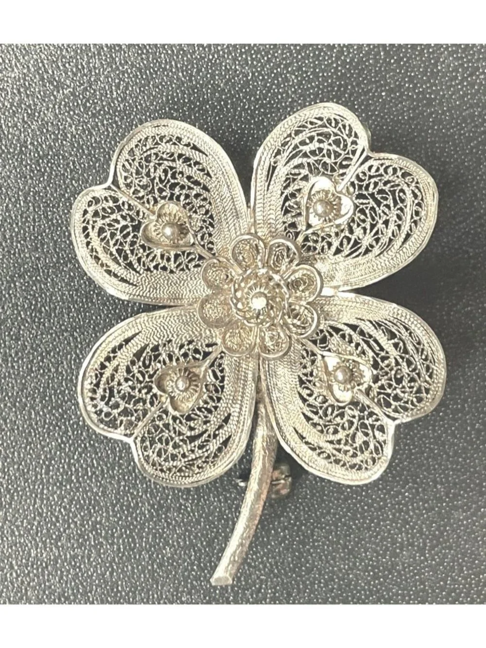 Vintage Van Lou Sterling Silver Vermeil Four Leaf Clover Filigree Brooch
